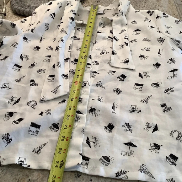 Canapé White & Black Linen Bow Blouse Novelty Print Flowers Size Medium - Picture 8 of 10